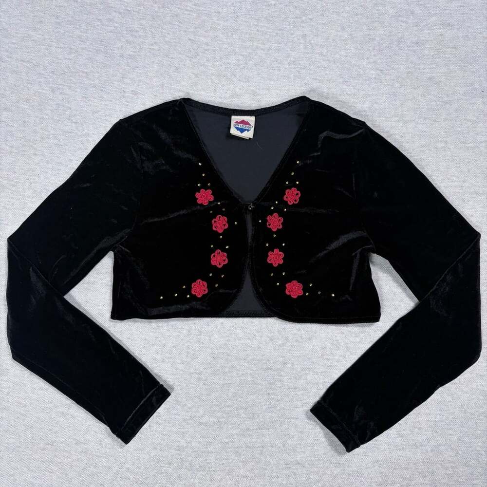 New Legends Velvet Cardigan Size 12 kids Black Floral Applique Crop Shrug